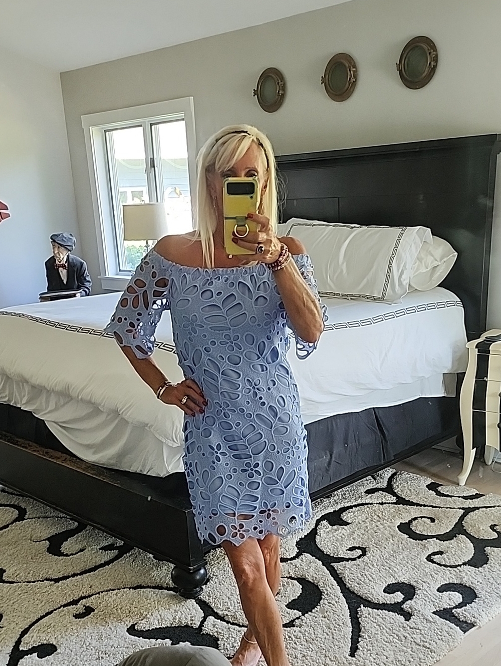 Off-Shoulder Light Blue Lace Overlay Dress, S